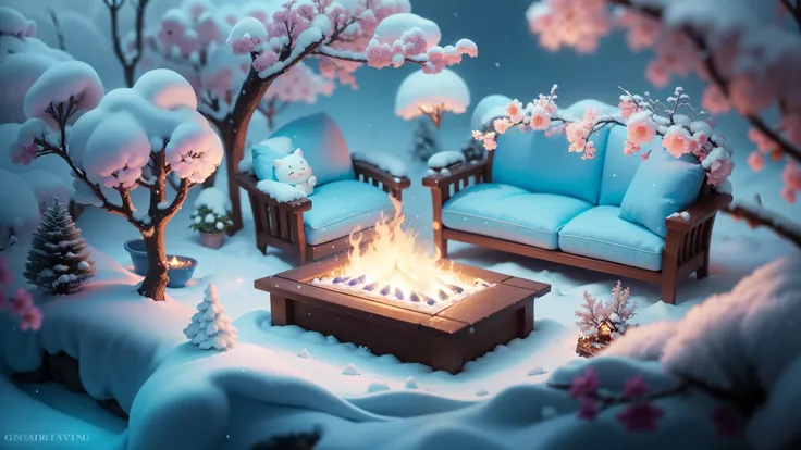 Magic garden miniature scene, delicate light blue snow flowers、soft glowing branches、Illuminated by happy smiling miniatures. 8K Autorealist,snow mountain、fluffy furniture、warm blanket、bonfire、warm drinks