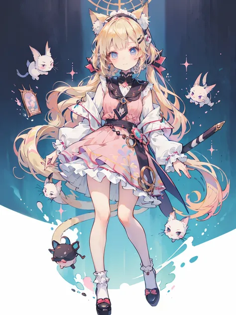 ((Tischplatte, best quality: 1.1), ((Anime girl in pink dress with magic wand)), Art Nouveau、Anime-Cat girl in traditioneller asiatischer Kleidung, , blonde Haare、lange Haare、((Strahlende, juwelenartige Augen, lange Wimpern, Transparenz))、Very Beautiful An...