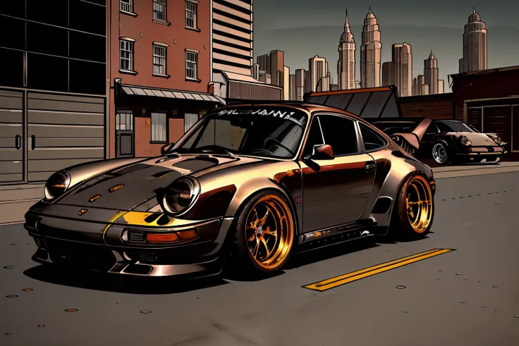 nvinkpunk, painting of a city with a kodiak brown metallic paint, metallic brown porsche 911 rwb rotting,wide bodykit, large whe...