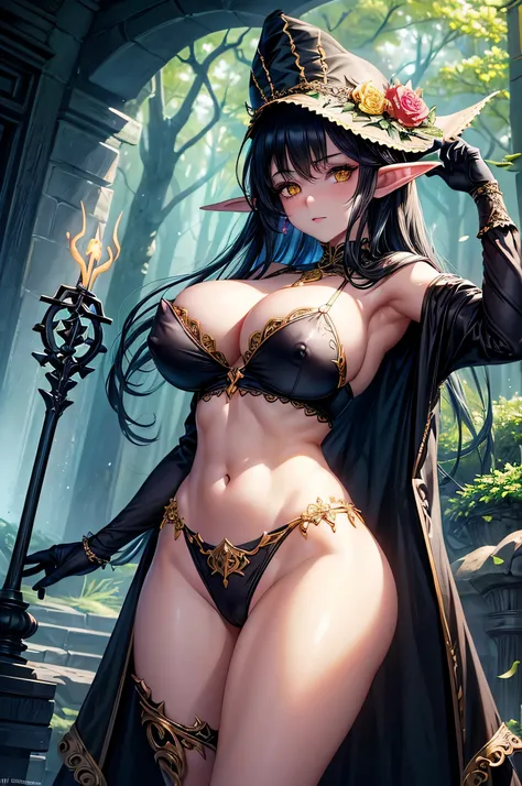 (masterpiece, high resolution, extremely detailed, fantasy setting), beautiful, sexy, young girl, ((huge breasts, perky)), wide hips, narrow waist, toned midriff; beautiful, detailed eyes; ((semi-naked, breasts exposed, inverted nipples)); elf, black hair,...