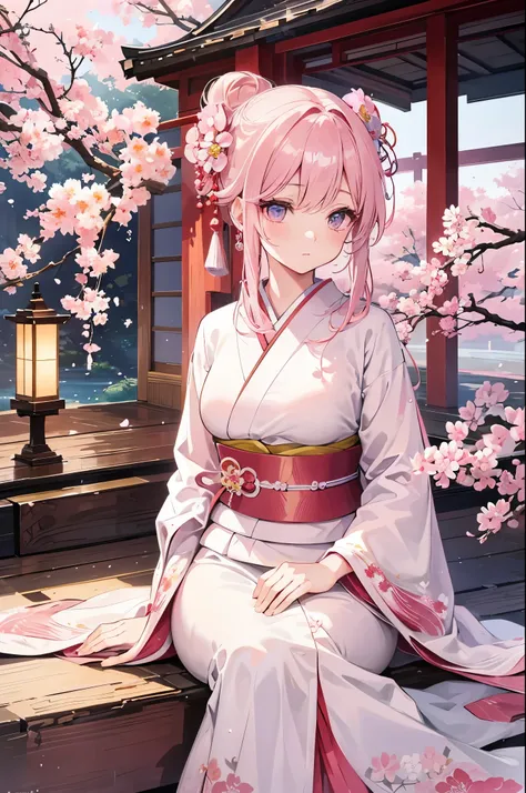 (beautiful detailed eyes, long eyelashes), cherry blossoms, traditional Japanese garden, soft lighting, vibrant colors, ethereal atmosphere, (peaceful expression), graceful pose, traditional Japanese art style, subtle textures, (pink and white color palett...