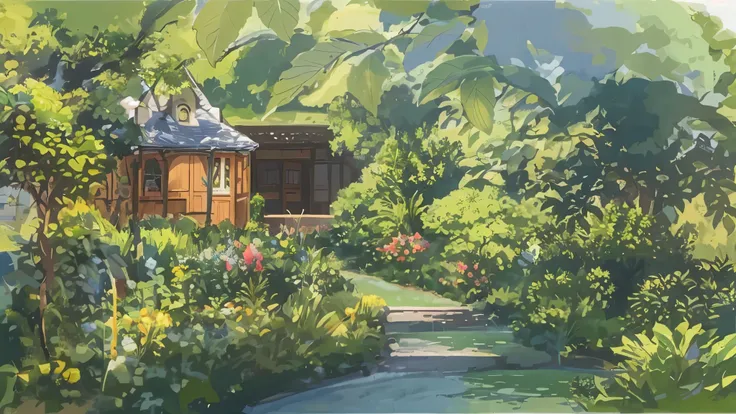 There is a picture of a house in the middle of the garden, studio ghibli environment, studio ghibli sunlight, Scenery of Studio Ghibli, by Miyazaki, studio ghibli art style, studio ghibli scheme, Studio Ghibli composition, Studio Ghibli aesthetics, Studio ...