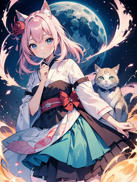 There is a very large moon in the background，unter den Sternen, eine Katze mit rosa Haar sitzt auf einem Ast，junge Erwachsene，girl, rosane Kleidung，ethereal cat，Dreamy，detaillierte Kunst，a beautiful artwork illustration，Fabelwesen，schwarze Katze，Beautiful ...