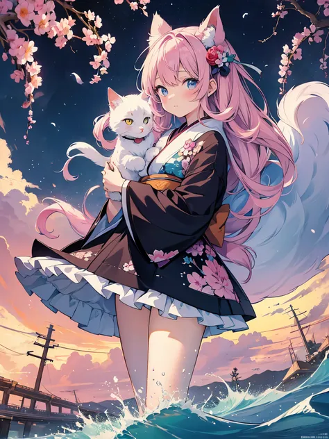 There is a very large moon in the background,unter den Sternen, eine Katze mit rosa Haar sitzt auf einem Ast,junge Erwachsene,girl, rosane Kleidung,ethereal cat,Dreamy,detaillierte Kunst,a beautiful artwork illustration,Fabelwesen,schwarze Katze,Beautiful ...