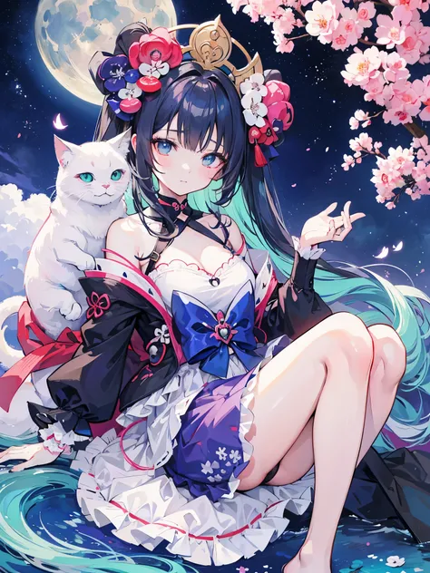 There is a very large moon in the background，unter den Sternen, eine Katze mit rosa Haar sitzt auf einem Ast，junge Erwachsene，girl, rosane Kleidung，ethereal cat，Dreamy，detaillierte Kunst，a beautiful artwork illustration，Fabelwesen，schwarze Katze，Beautiful ...