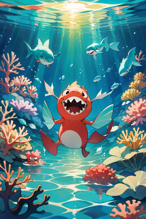 Baby Shark splashes joyfully in the crystal-clear waters under the sun, accompanied by the irresistible melody of his theme song. His adorable fins wave rhythmically as he sings along, creating a lively and playful atmosphere. The colors of the ocean are v...