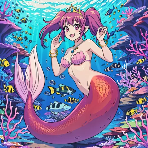 The prompt for the given theme is: "A pretty 15-year-old princess magically transformed into a beautiful mermaid, with a race swap. The lower half of her body has a fish-like appearance, including a long red mermaid tail below her waistline. She also have ...