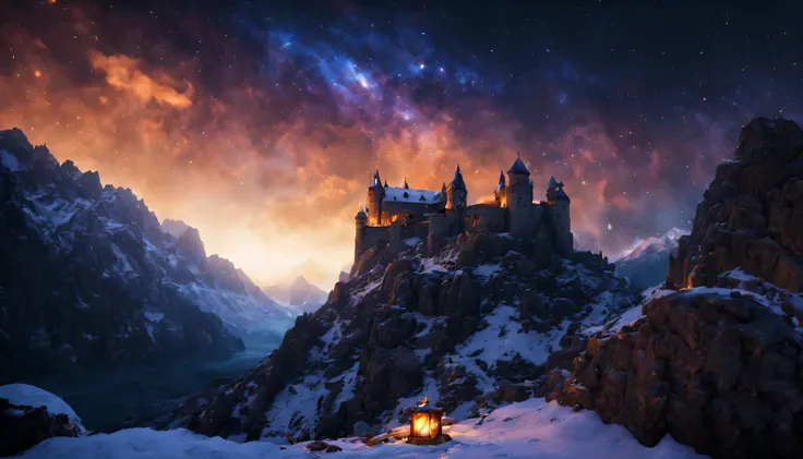 im siting in this coozy old cave whit bats and dark inside camfire is here and looot of coozy stuf im see castle in far and night is coming far Vast Landscape Photo atumn (view from bottom, which shows the sky overhead and the rocks), Fortress at the top, ...