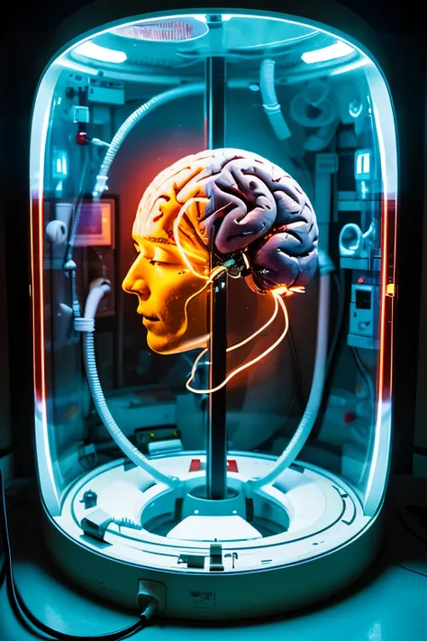 a culture pod containing a human brain is placed in the center of the laboratory.、a human face is pasted in front of a culture p...