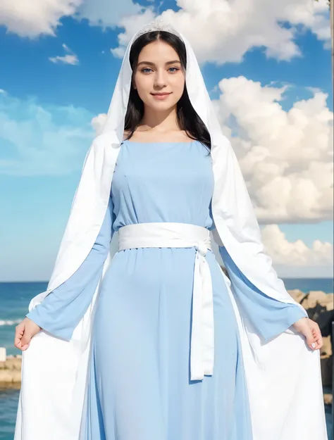 Saint Mary, Beautiful woman with light blue eyes, wearing a plain blue robe with a white waist sash and a white veil, long black hair, pink face with a sweet smile, perfect full body