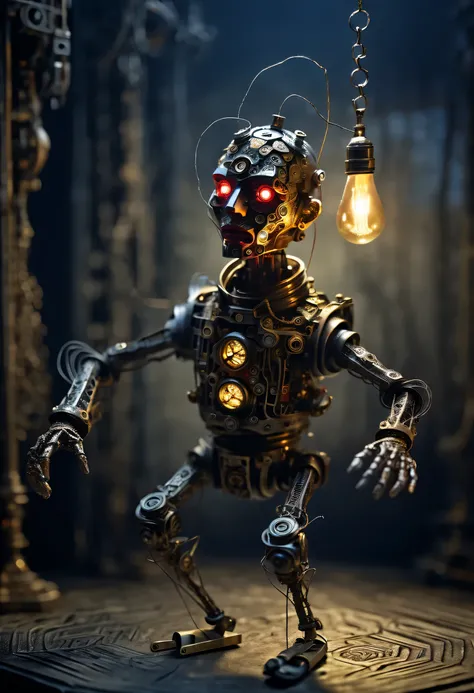 (dancing miniature mechanical puppets: 1.37), acrylic style, robot character, beautiful details, (whole body: 0.65), Dynamic dance moves, marionette, Chinese shadow puppetry, eyes and face, Charming figure, Complex mechanisms, Mechanical structure, metalli...