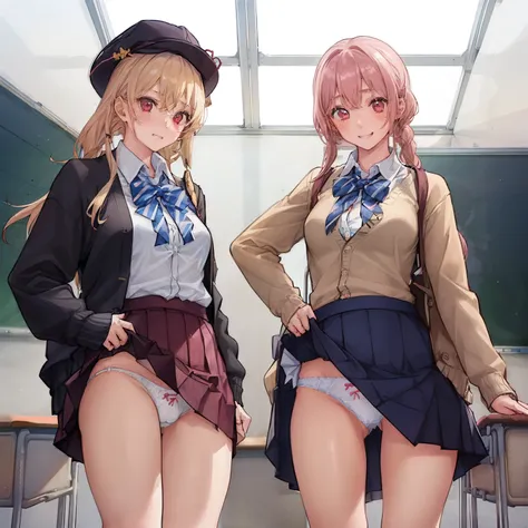 ((2 girls:1.5))、smile、blush、shirt、のskirt、、((fun!))（small breasts:1.5）、chiralism、blonde、()、(黒いskirt:1.3)、bow, button, 襟の付いたshirt, long sleeve, マイクロskirt, プリーツskirt、(Jacket)、(cardigan:1.3)、 skirt, socks, thighs, 白い shirt, ((classroom:1.5))，(skirtを掴む:1.5)、 (p...