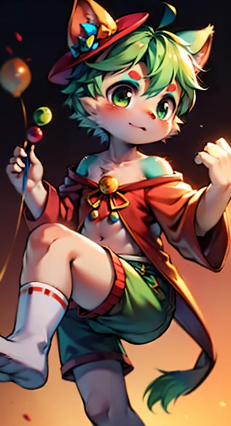 clown男孩, green hair, red and green eyes, red and green round shoulder and round leg suit, red and green clothing, 红绿色clown的帽子，ci...