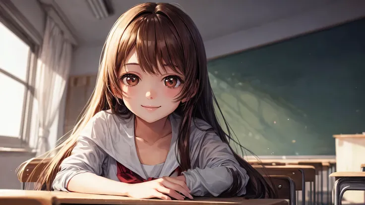 1young girl, long hair, brown eyes, (smile slightly, Innocent and cute expression), model, Enchanting, Sublime, Ethereal, fantastic, indoors, (Bokeh), (anime , anime illustration), school, classroom, depth of fields,