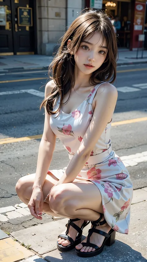 A woman in a dress squats on the sidewalk, beautiful asian girl, japanese goddess, Medium chest,floral pattern one piece skirt,Cute elegant pose, seductive anime girl, beautiful attractive anime woman, pretty face with arms and legs, beautiful girl model, ...