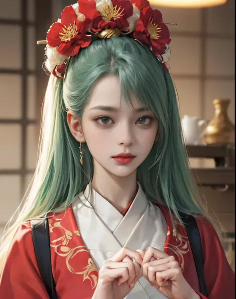 (Beautiful model appearing in Japanese kimono commercial), (alone), ((face is 70% beauty and elegance, 30% pretty and cute:1.5)), (Her roots are in Eastern Europe and Asia), clear eyes, (fine eyes, light green eyes, bright eyes), double eyelid, (Slightly t...