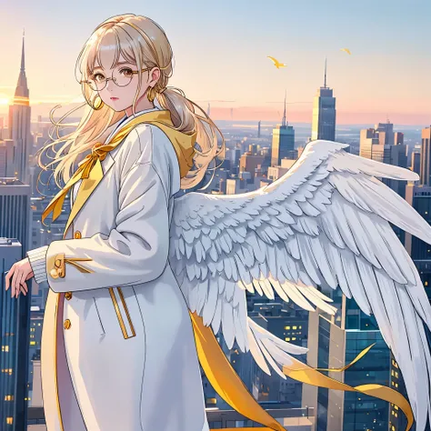 Angel Woman, two large white wings with golden feathers, in modern clothes, jeans, sweater, Coat, pastel, beige and yellow colors , with the city at sunset in the background, Expressive eyes ,Beautiful face, gold glasses like Harry Potter with thin frames,...