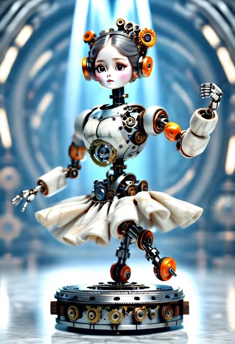 Marble sculpture style, robot character, Beautiful and meticulous，Mechanical doll design，（Mechanical doll dancing ballet），Mechanical clockwork，gear，Mechanical device base，Insert the top screw key into the back of the doll，Extra long gray double braids，blue...