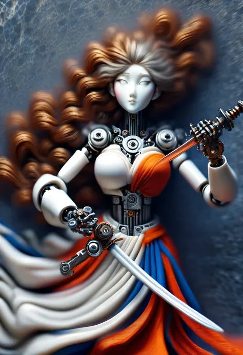 Marble sculpture style, robot character, Beautiful and meticulous，Mechanical doll design，（Mechanical doll practicing swordsmanship），Mechanical clockwork，gear，Mechanical device base，Insert the top screw key into the back of the doll，Extra long red double br...