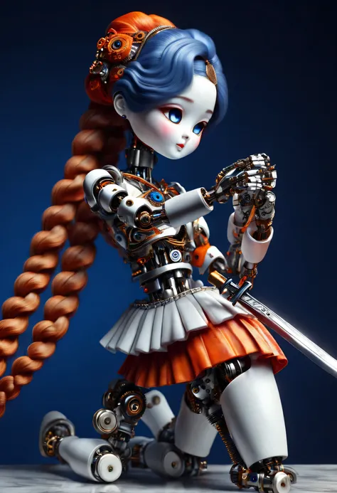 （Mechanical doll practicing swordsmanship），Marble sculpture style, robot character, Beautiful and meticulous，Mechanical doll design，，Mechanical clockwork，gear，Mechanical device base，Insert the top screw key into the back of the doll，Extra long red double b...