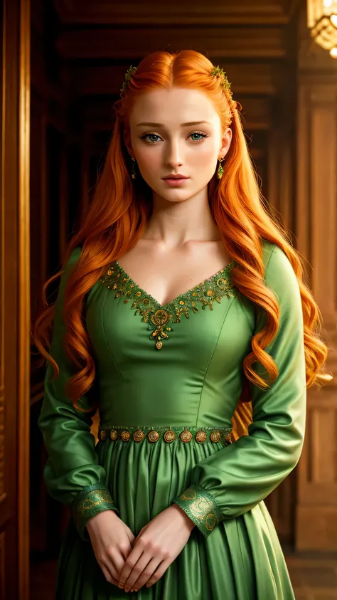 sks woman as sansa stark, ginger locks, green dress, standing in the hall, 1woman, solo, beautiful detailed glow, detailed, cine...