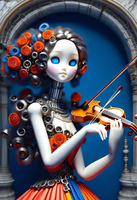 Marble sculpture style，Mechanical doll design，（Mechanical doll playing violin）, Beautiful and meticulous，Mechanical clockwork，gear，（Mechanical device log library），Insert the top screw key into the back of the doll，Extra long red double braided hair，blue an...