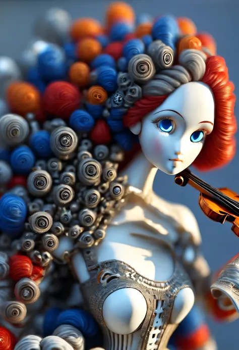 Marble sculpture style，Mechanical doll design，（Mechanical doll playing violin）, Beautiful and meticulous，Mechanical clockwork，gear，（Mechanical device log library），Insert the top screw key into the back of the doll，Extra long red double braided hair，blue an...