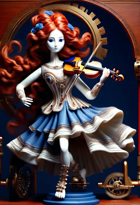 Marble sculpture style，Mechanical doll design，（whole body）（Mechanical doll playing violin）， Beautiful and meticulous，Mechanical clockwork，gear，（Mechanical device log library），Insert the top screw key into the back of the doll，Extra long red double braided ...