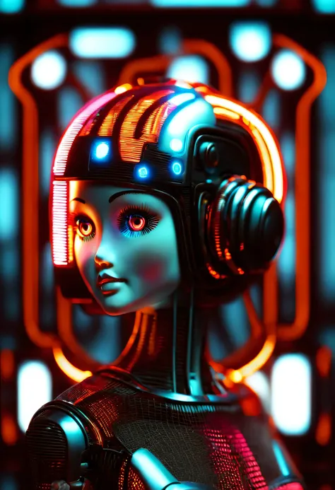 mechanical doll from 1970s futuristic retro neon, （whole body），digital display screen connected with wires, ken w. purdy, coffee...