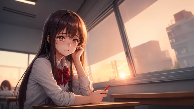 (1young girl:1.3), long hair, brown eyes, (, tears), model, Enchanting, Sublime,  indoors, (Bokeh), (anime , anime illustration), school, classroom, eraser, sunset, alone, depth of fields, 