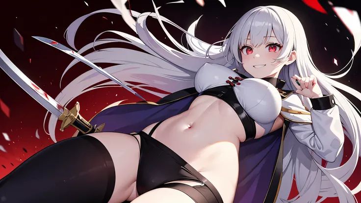 魔弾の王とSenki, Eleonora Virtalia, silver hair, red eyes, 長sword, Senki, 長sword, confident, smile, belly button, girl, big breasts, Queen, bullying, There&#39;s blood on my body, blood on armor, Blood in the belly button, blood in the stomach, There&#39;s bloo...