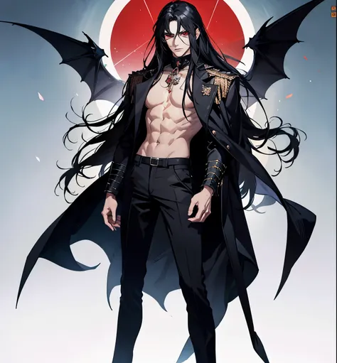 black hair, alucard, full body, beautiful male god of death, vampire fashion, detailed anime character art, male vampire of clan banu haqim, l vampire, with his long black hair, androgynous vampire, detailed 25 year old male face, ultra realistic anime red...