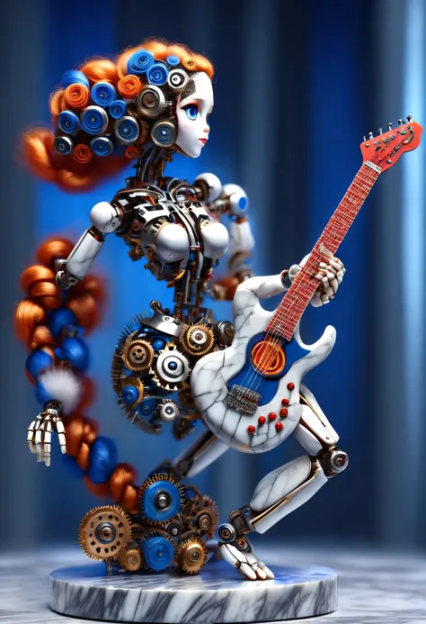 Mechanical doll design，（whole body），Marble sculpture style（Mechanical doll playing electric guitar）, robot character, Beautiful and meticulous，Mechanical clockwork，gear，（Mechanical device log library），Insert the top screw key into the back of the doll，Extr...