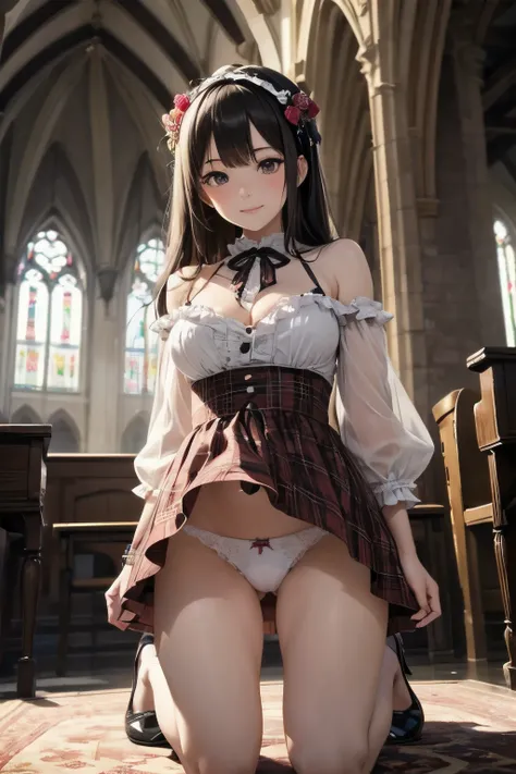 very cute and beautiful girl,(highly detailed beautiful face), (smile),blush,black hair,cowboy shot,looking at viewer,kneeling, (classic brown plaid lolita dress with detailed frills),detailed lace,skirt lift,(white panties), altar,church,indoors, (best qu...