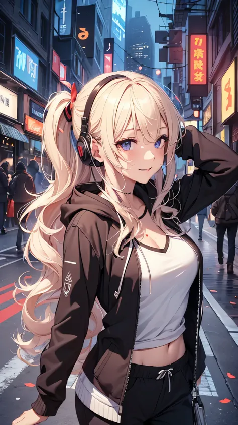 最high quality、best image quality、masterpiece、girl((20-year-old、 By becoming、vest bust、medium bust,wide open breast tea、shining eyes, blonde、long hair、thin,highest valley、ponytail、action of looking up、right arm bandage、Black and purple hoodie with a wide op...