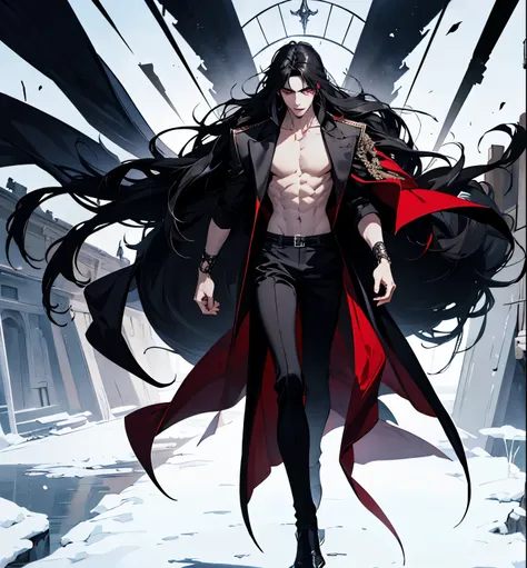 black hair, alucard, full body, beautiful male god of death, vampire fashion, detailed anime character art, male vampire of clan banu haqim, l vampire, with his long black hair, androgynous vampire, detailed 25 year old male face, ultra realistic anime red...