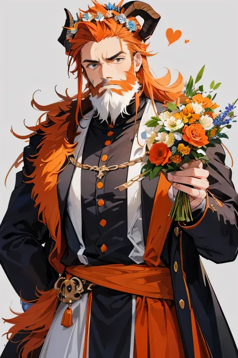 ((male)), maleらしい, (2 pairs of twisted goat horns), (wearing a flower crown), (logic), beard, Priest, have a bible, first round, orange hair, いいmale, orange sideburns, Standing picture, sturdy skeleton, elder, blue clothes