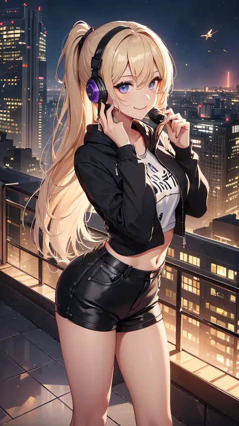 最high quality、best image quality、masterpiece、girl((20-year-old、 By becoming、vest bust、medium bust,wide open breast tea、shining eyes, blonde、long hair、thin,highest valley、ponytail、action of looking up、Black and purple hoodie with a wide open chest、short bel...