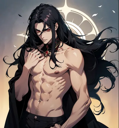 black hair, alucard, full body, beautiful male god of death, vampire fashion, detailed anime character art, male vampire of clan banu haqim, l vampire, with his long black hair, androgynous vampire, detailed 25 year old male face, ultra realistic anime, re...