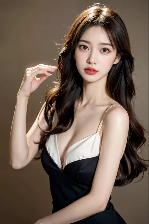 Put your hand on your cheek、bright hair color、Posing to look back、no background、thin waist、C cup breasts、最high resolution、20-year-old、natural makeup、random hairstyle、brown hair、beautiful eyes、Dresses with decorations、high resolution、cabaret club、black dres...