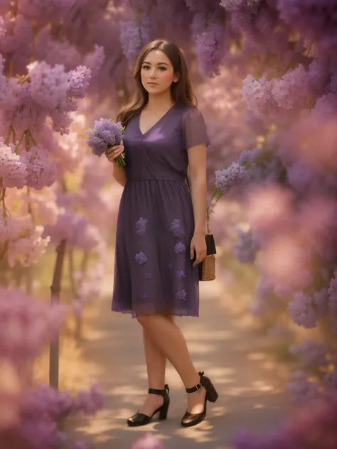 a girl stands among flowers , with a bouquet of lilacs in hands