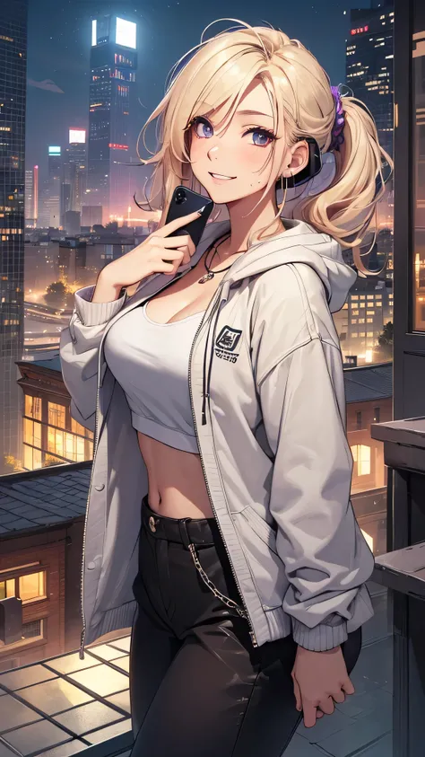 最high quality、best image quality、masterpiece、girl((20-year-old、 By becoming、vest bust、medium bust,wide open breast tea、shining eyes, blonde、long hair、thin,highest valley、ponytail、action of looking up、Black and purple hoodie with a wide open chest、short bel...