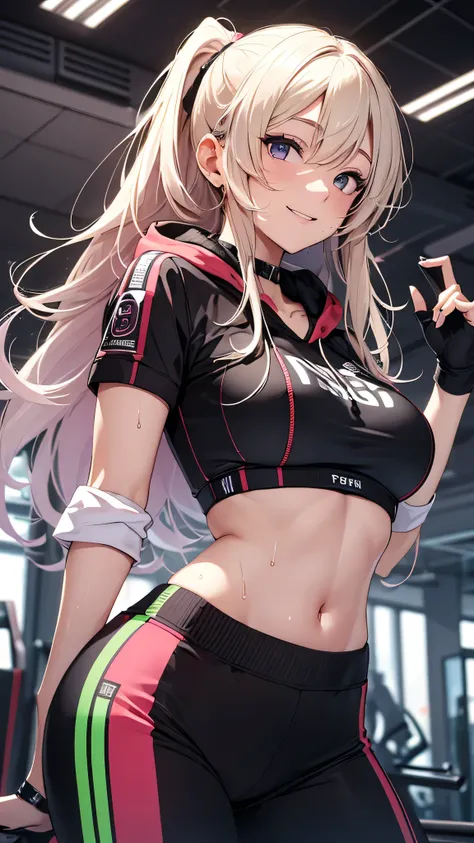 最high quality、best image quality、masterpiece、girl((20-year-old、 By becoming、vest bust、medium bust,wide open breast tea、shining eyes, blonde、long hair、thin,highest valley、ponytail、action of looking up、right arm bandage、Black and purple hoodie with a wide op...