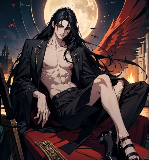 black hair, alucard, full body, beautiful male god of death, vampire fashion, detailed anime character art, male vampire of clan banu haqim, l vampire, with his long black hair, androgynous vampire, detailed 25 year old male face, ultra realistic anime, re...