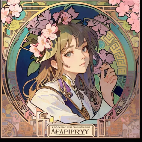 (((alphonse mucha style)))、(((baiyun，cherry blossom background))), (((high color saturation))), ((surrounded by bright colors)))...