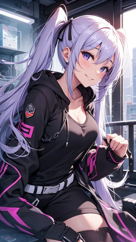 最high quality、best image quality、masterpiece、girl((20-year-old、 By becoming、vest bust、medium bust,wide open breast tea、shining eyes, silver hair、long hair、thin,highest valley、twin tails、action of looking up、right arm bandage、Black and purple hoodie with a ...