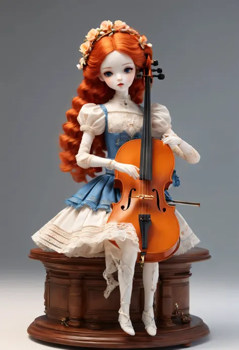 mechanical dolls，music box，marble sculpture style, role conception, (whole body), (一个拉大提琴的mechanical dolls), beautiful and metic...