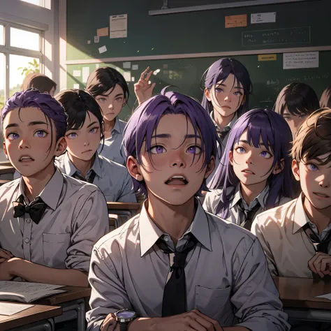 Ridiculous resolution，high resolution master piece：1.4），ultra-detalles，en el aula，Many classmates with purple hair and purple eyes were sitting，expresiones emocionadas