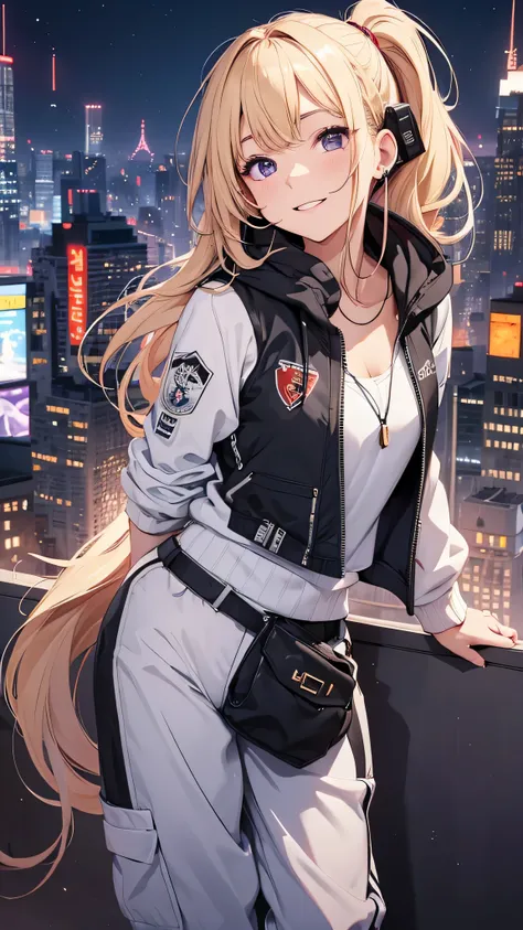 最high quality、best image quality、masterpiece、girl((20-year-old、 By becoming、vest bust、medium bust,wide open breast tea、shining eyes, blonde、long hair、thin,highest valley、ponytail、Black and purple hoodie with a wide open chest、short belly sports pants、cool ...