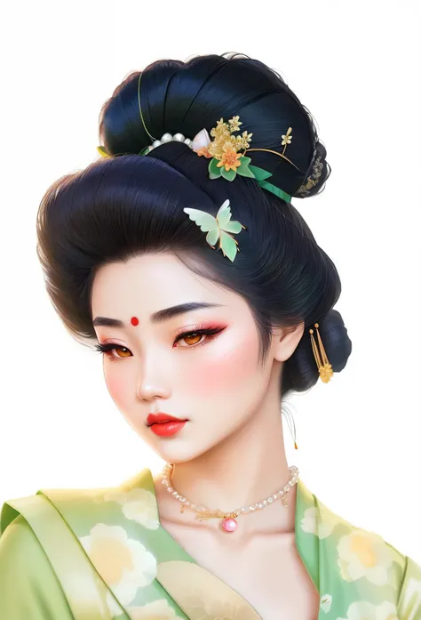 Alaphid Asian woman wearing green dress and floral comb,Gauze green skirt， pearl necklace，jade buckle pendant，geisha release，Hairpin，Butterfly，Delicate hair，Curved thin eyebrows，red lips，flowing hair
